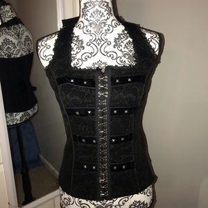 EUC beautiful clasp front halter top black corset